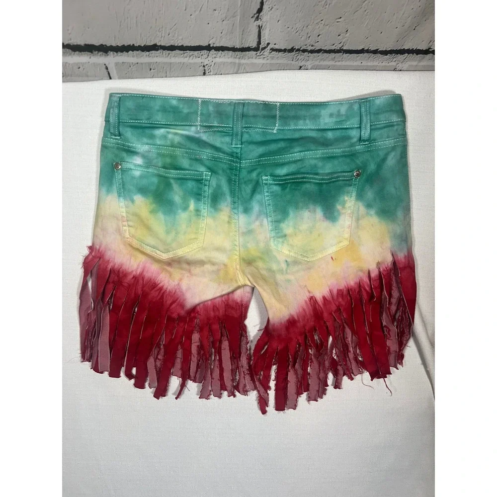 100% Homemade Tie Dye Fringe Denim Shorts Rasta Green Yellow Red Womens 32